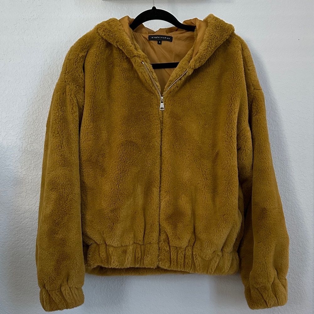 ETOPHE STUDIOS | Mustard Yellow Hooded Faux Fur Zip Up with Pockets Jacket